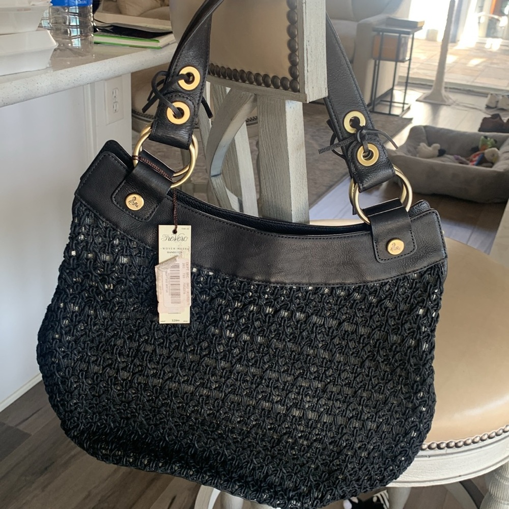 Nwt Trevero Woven Mesh Black Leather And Gold Hardware Gorgeous Handbag !!!